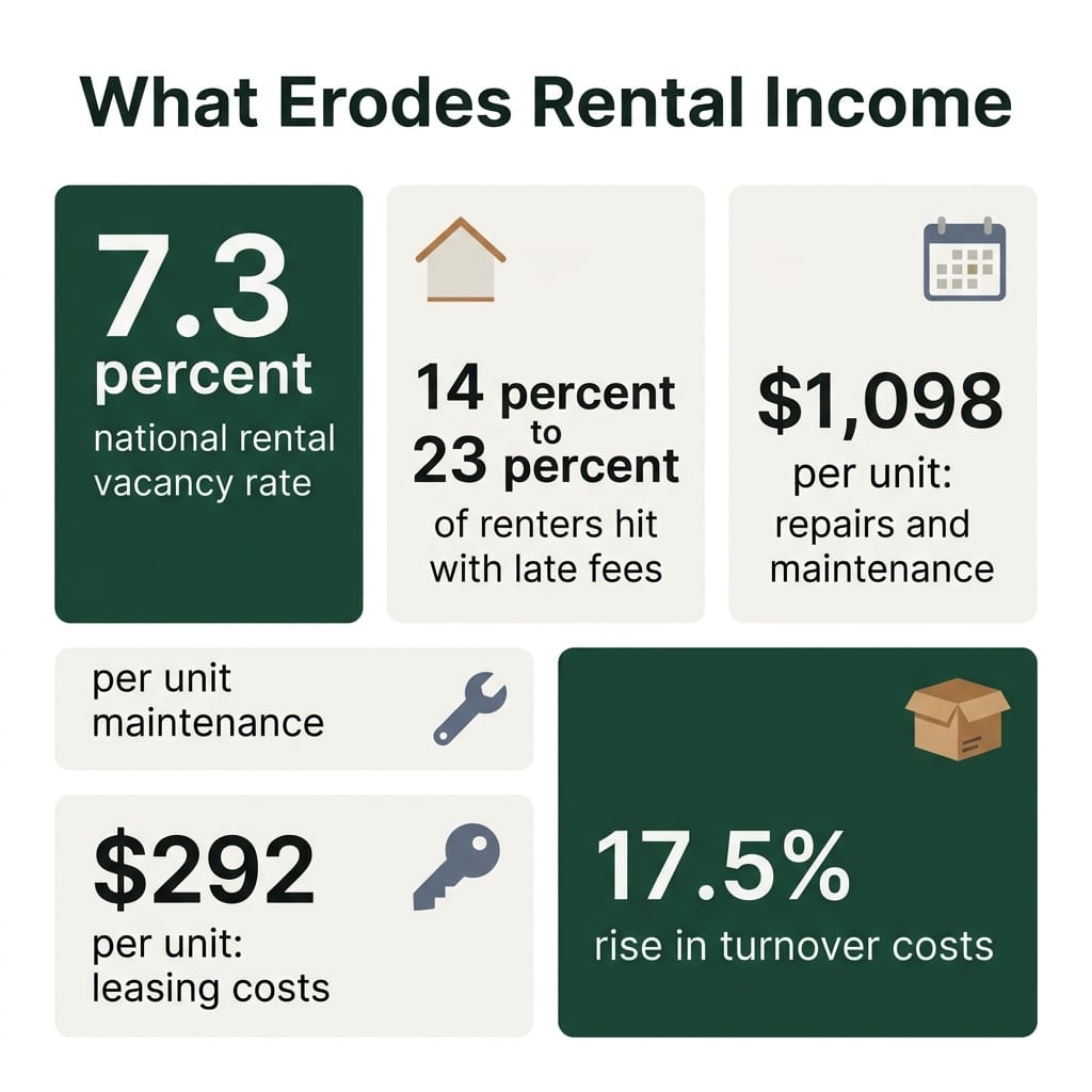 Infographic titled What Erodes Rental Income showing five figures: a 7.3 percent national rental vacancy rate, 14 percent to 23 percent of renters hit with late fees, $1,098 per unit for repairs and maintenance, $292 per unit in leasing costs and a 17.5% rise in turnover costs.