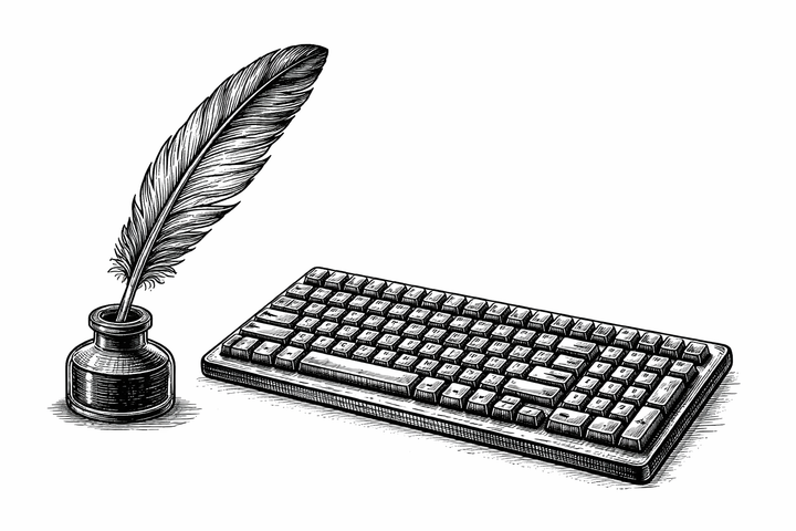 A monochromatic image of a quill in an ink well next to a keyboard.