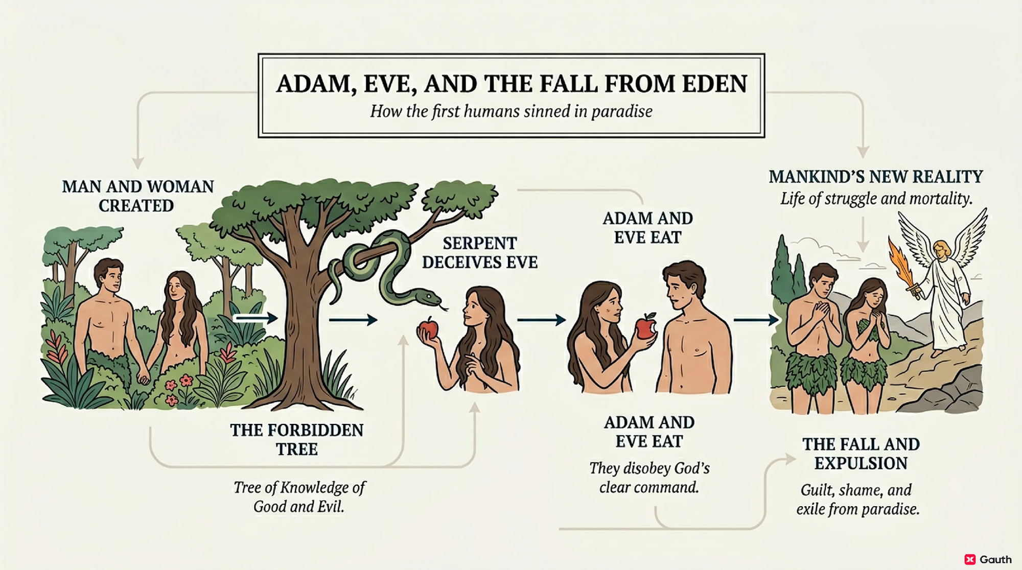 The canonical sequence — Adam, Eve, and the Fall from Eden — rendered as a left-to-right fable.