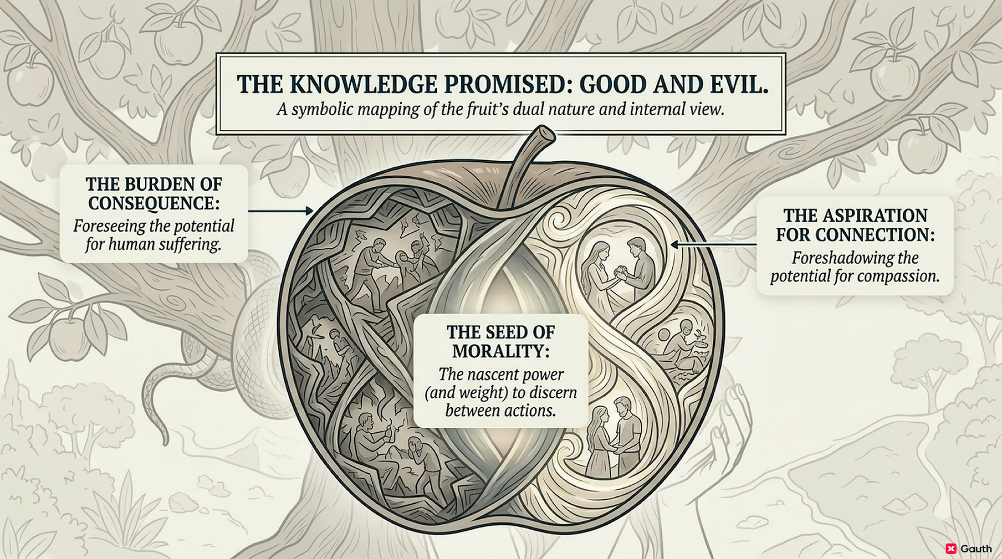 Cross-section of the fruit. The Burden of Consequence and the Aspiration for Connection are not opposites; they are two faces of a single capacity, with the Seed of Morality at the centre.