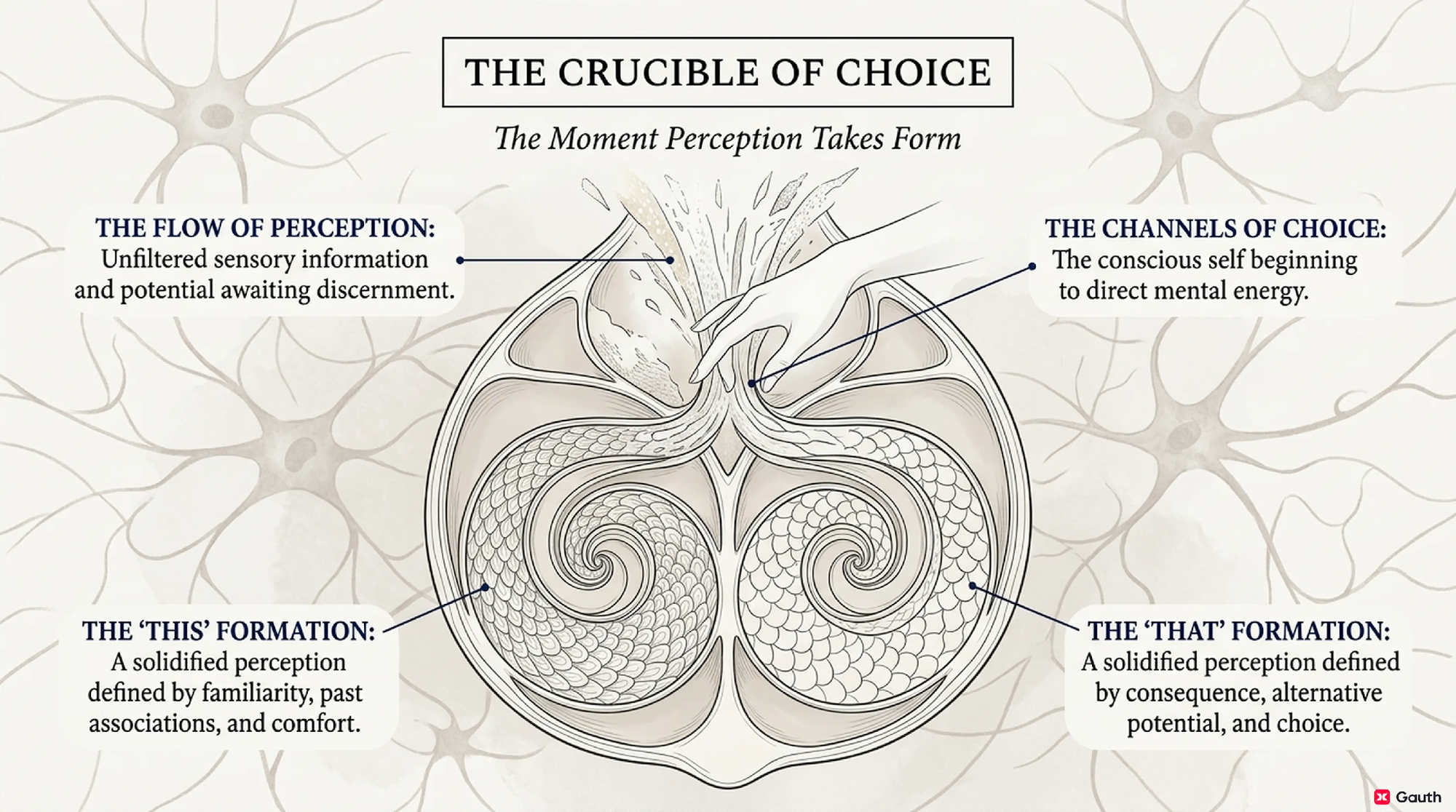 The mechanism without mythic register: unfiltered perception flows in from above, the conscious self directs mental energy at the divergence point, and two solidified perceptual structures emerge — the ‘this’ of comfort and the ‘that’ of consequence.