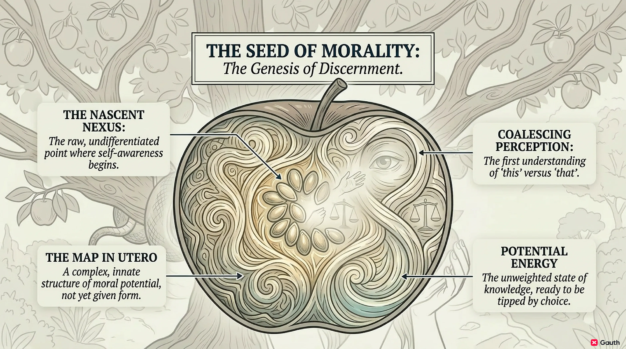 Inside the seed itself: the Nascent Nexus where self-awareness begins, the Coalescing Perception of ‘this’ versus ‘that,’ the Map In Utero of innate moral potential, and the Potential Energy awaiting choice.