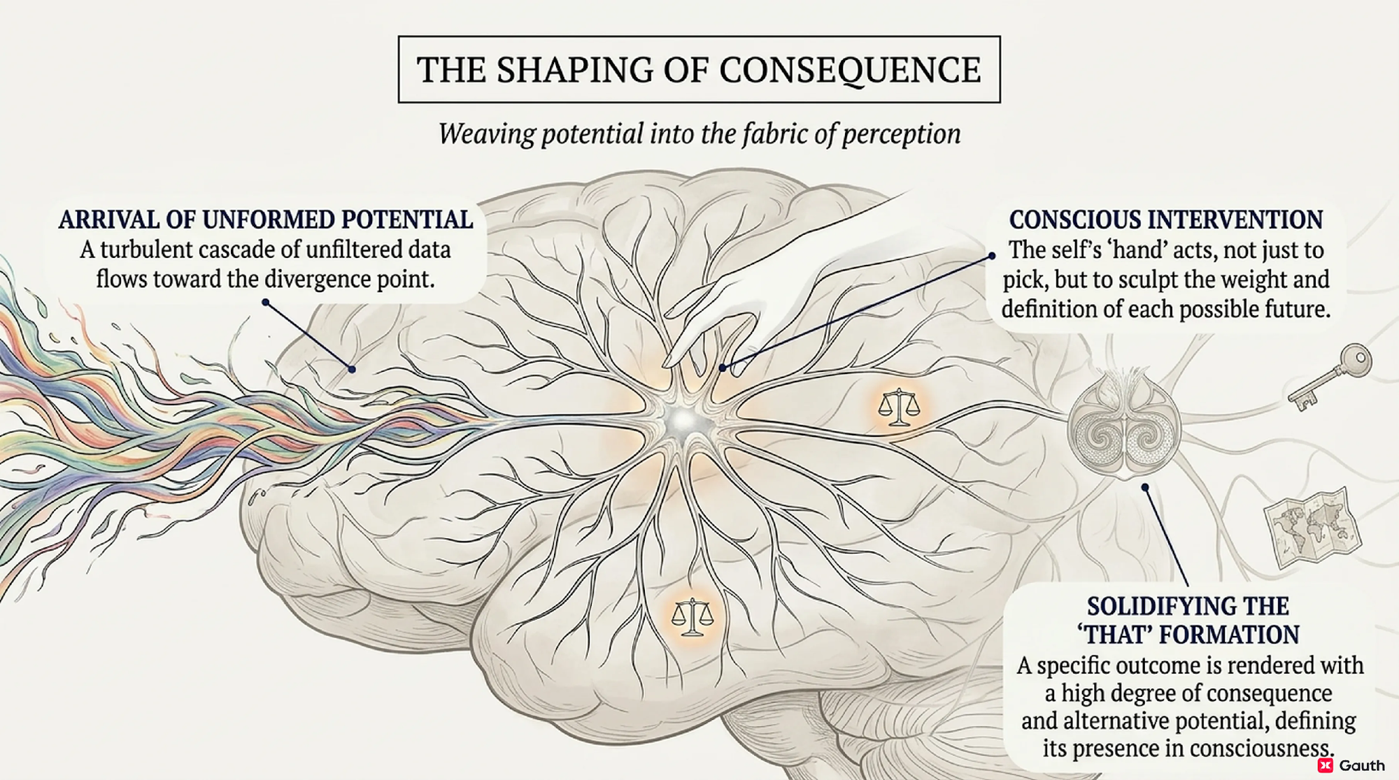 The same operation rendered at the neural substrate. The conscious hand does not select among pre-formed futures; it sculpts the weight and definition of each possible future before any becomes actual.