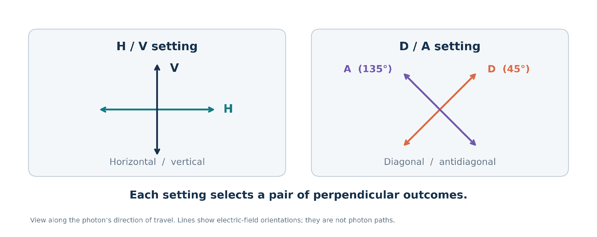 Figure 2. Two possible polarization measurement bases. H and V form one perpendicular pair; D and A form another. A basis specifies the alternatives distinguished by a measurement.