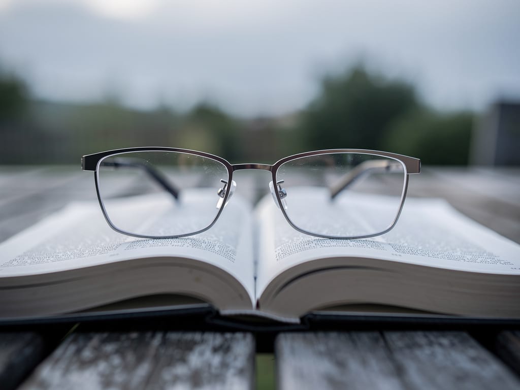 Eyeglasses on a book on an outdoor table on a cloudy day