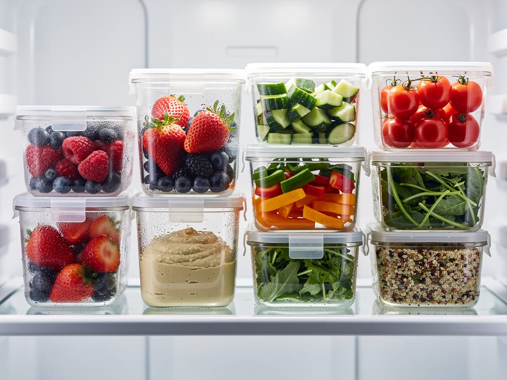 Organized refrigerator with food in glass containers