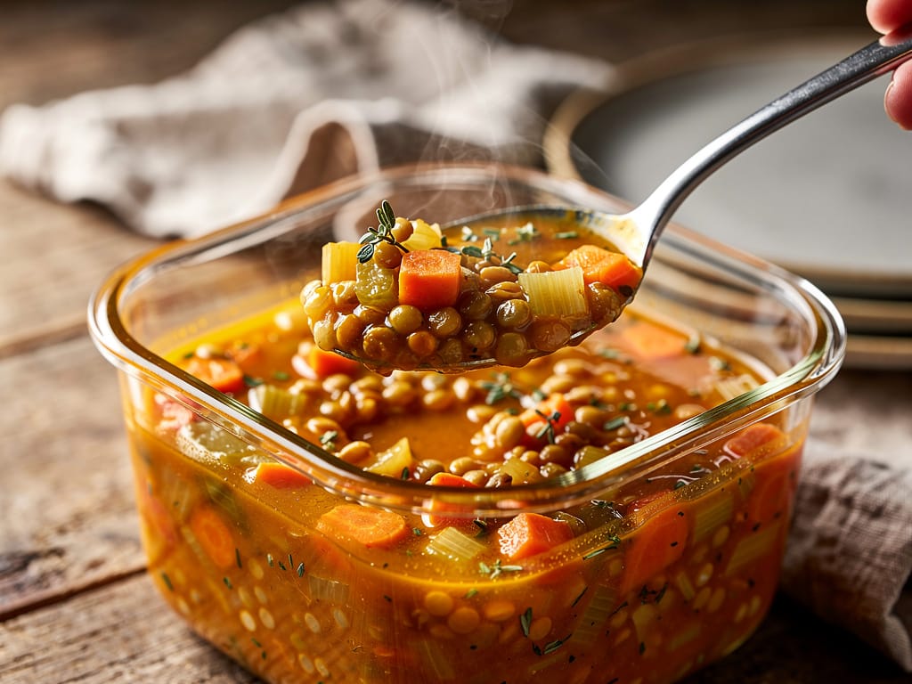 Warm lentil soup in a clear glass food storage container