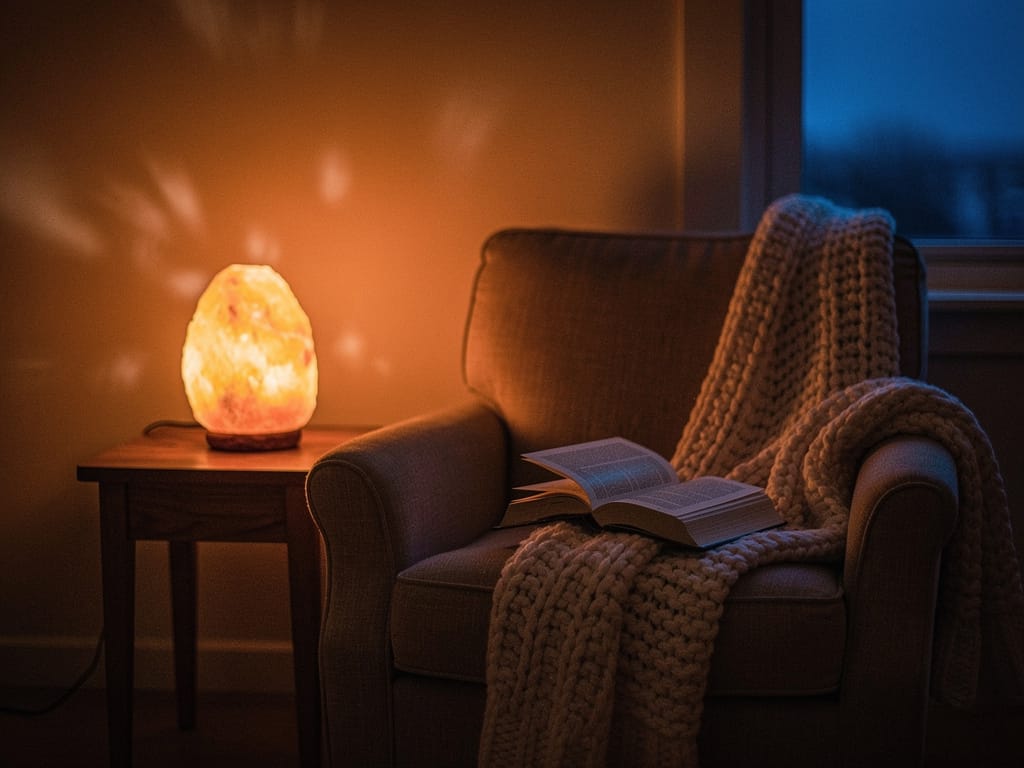 A salt lamp glowing warmly in a dim room next to a book.