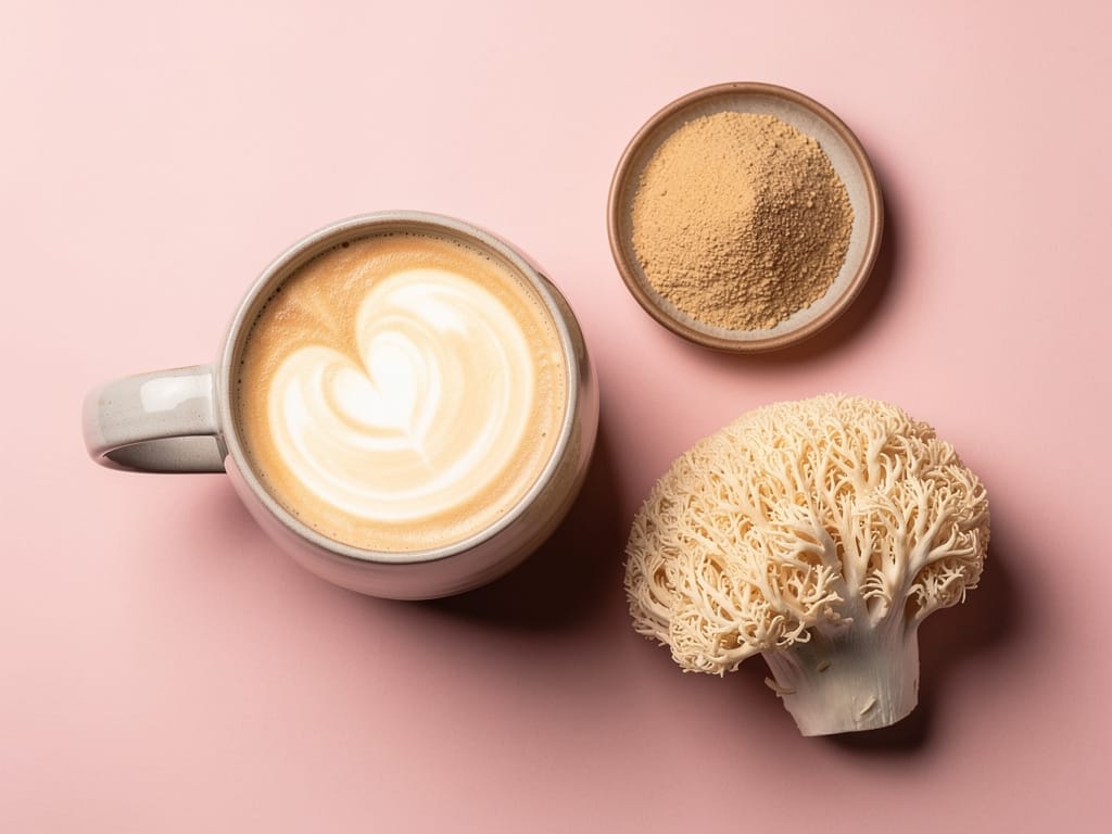 A mug with a Lion's Mane drink next to the mushroom and powder.