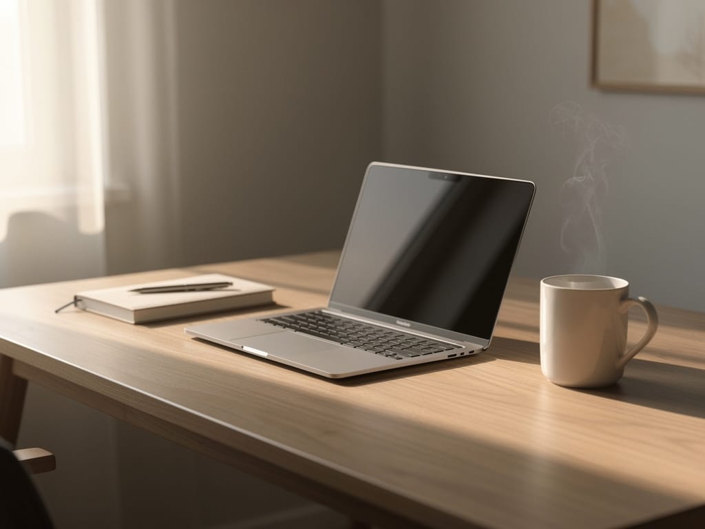 A calm and organized desk setup with a warm drink, symbolizing focus.