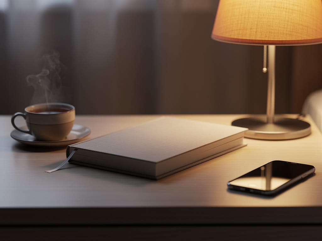 Bedside table with a book and tea, representing a digital sunset routine