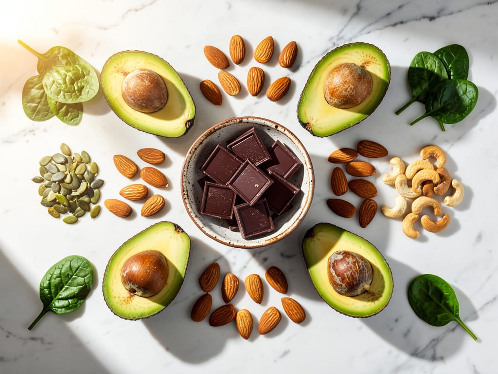 A collection of magnesium-rich foods like spinach and nuts