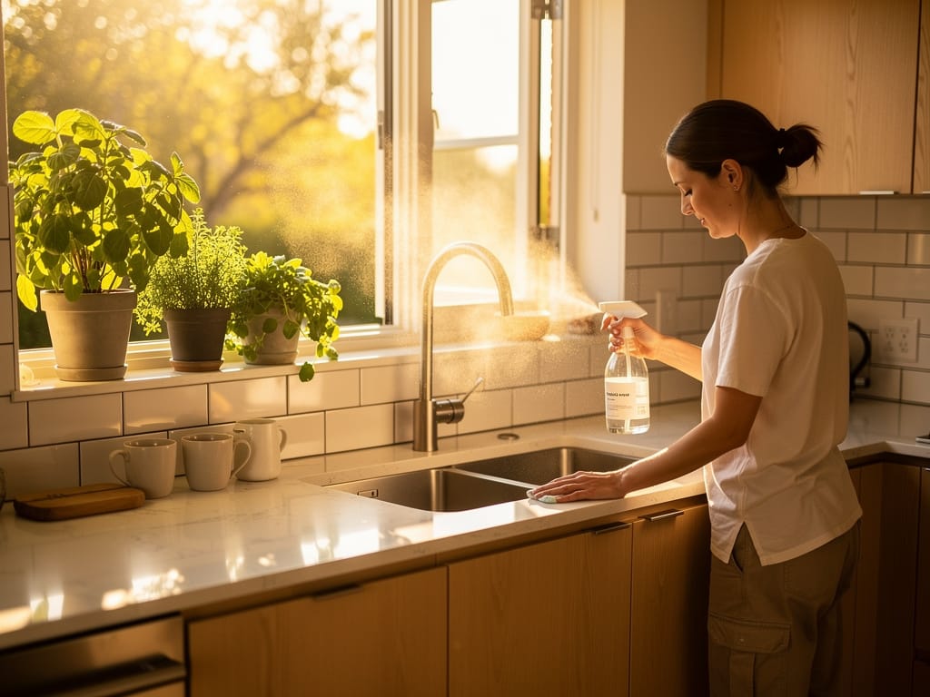 Person cleaning kitchen naturally with plants and sunlight