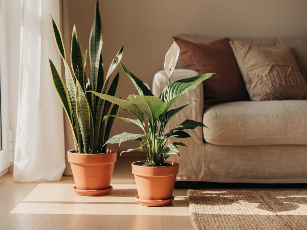 Snake plant and peace lily in a cozy living room corner