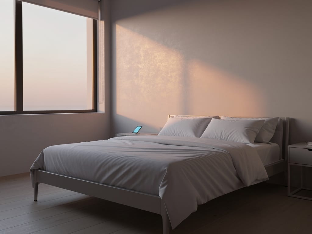Smartphone intentionally placed out of reach in a calm bedroom morning scene