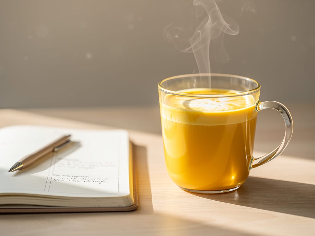 A warm golden milk latte on a desk symbolizing a calm morning ritual
