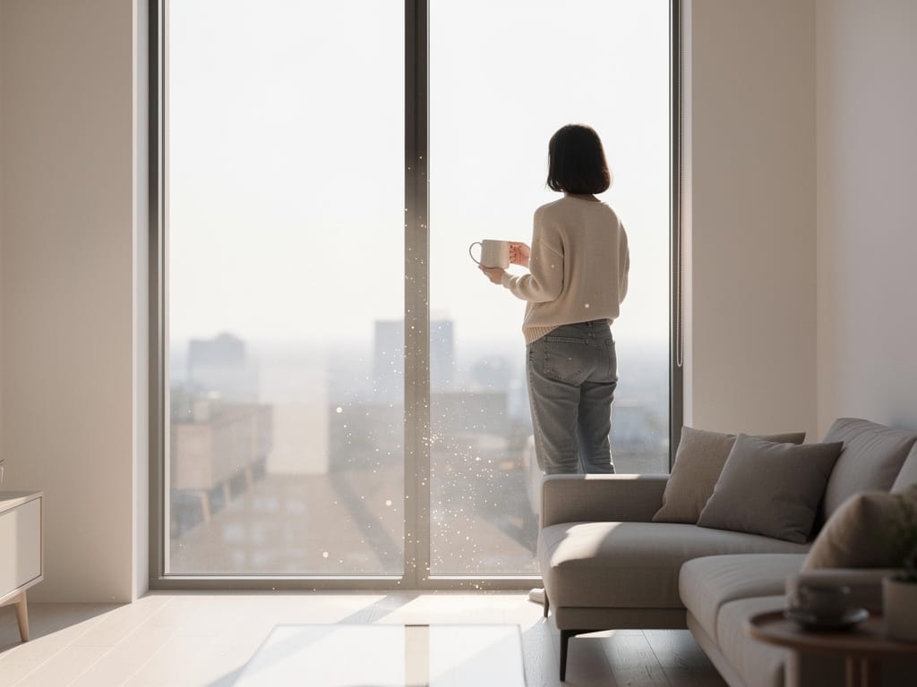 A person enjoying morning sunlight by a window