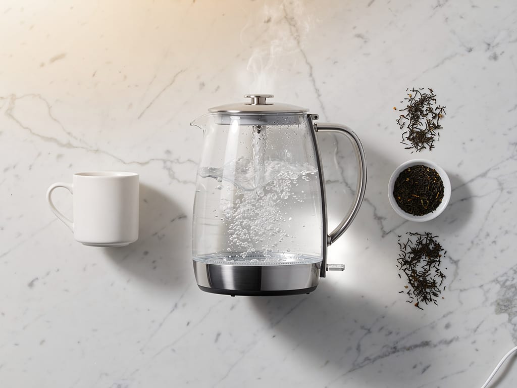 A clear glass electric kettle on a modern kitchen counter.
