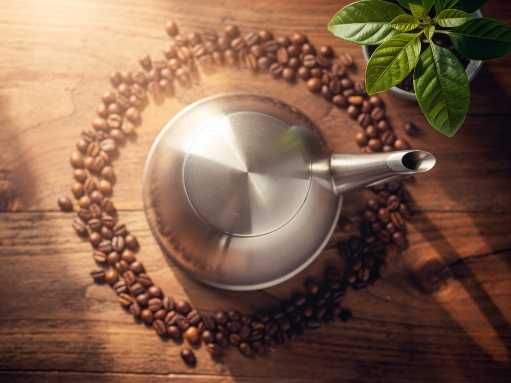 A stylish stainless steel kettle on a wooden table.