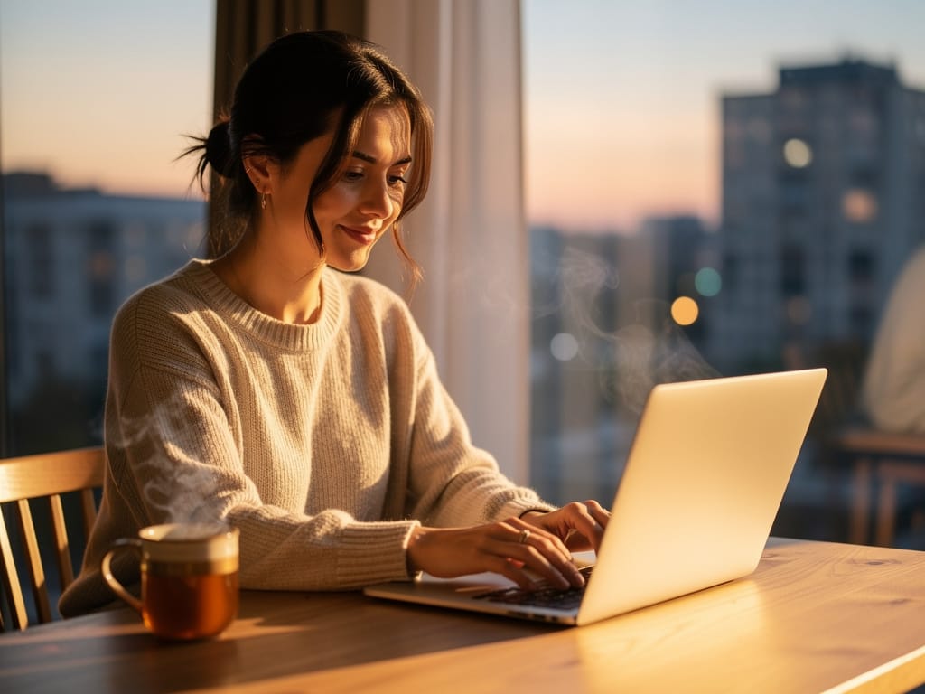 A woman closing her laptop to begin her evening routine