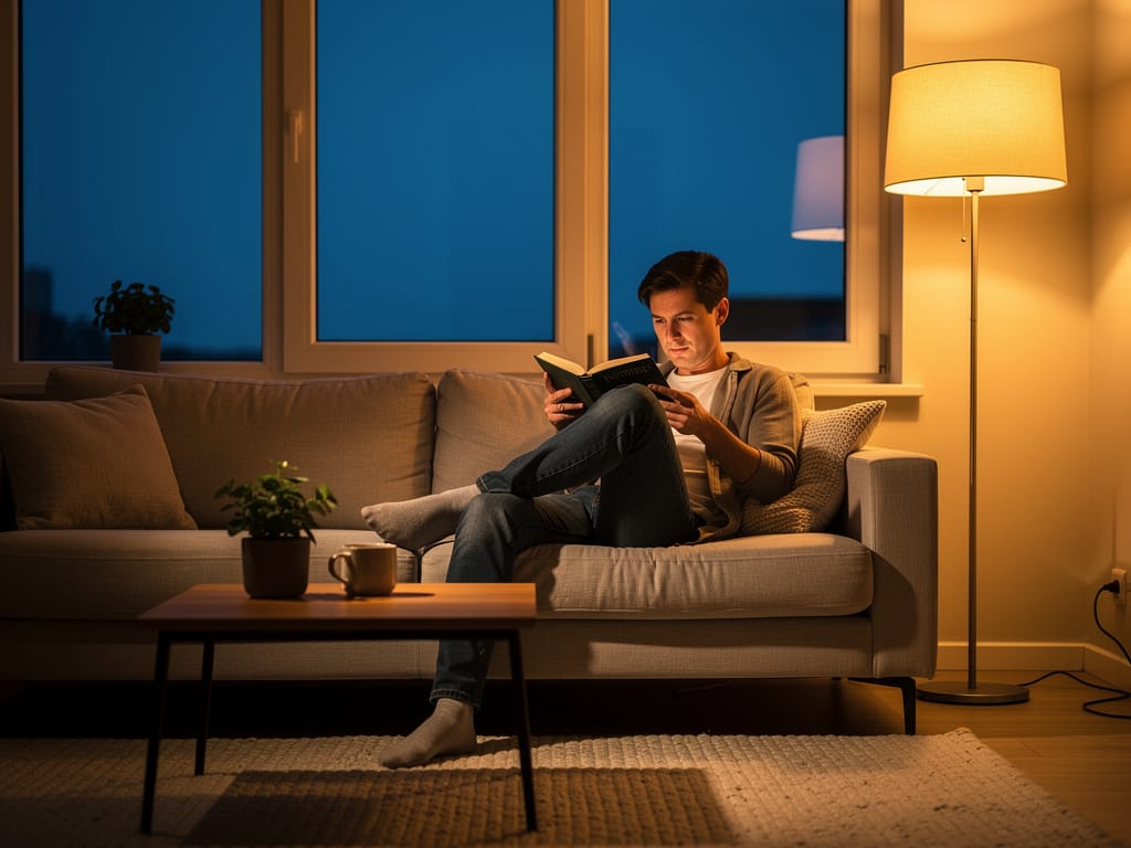 A person reading a book in a calm, screen-free environment