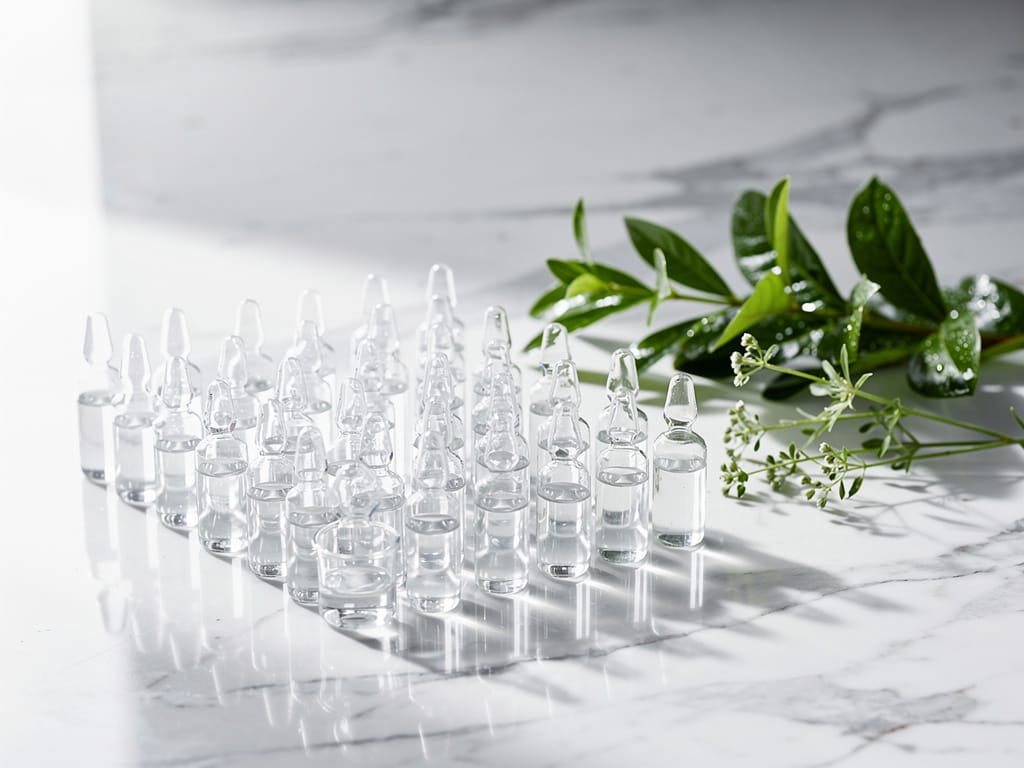 Clear supplement capsules with green herbs on a clean surface