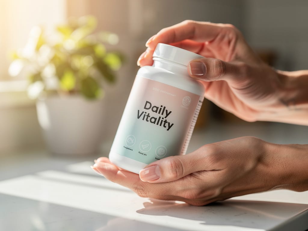 Hands holding a supplement bottle and reading the label carefully