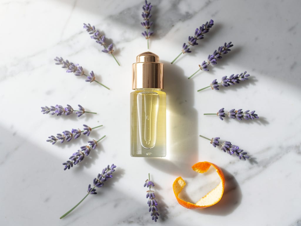 Essential oil roller bottle with fresh lavender and orange peel