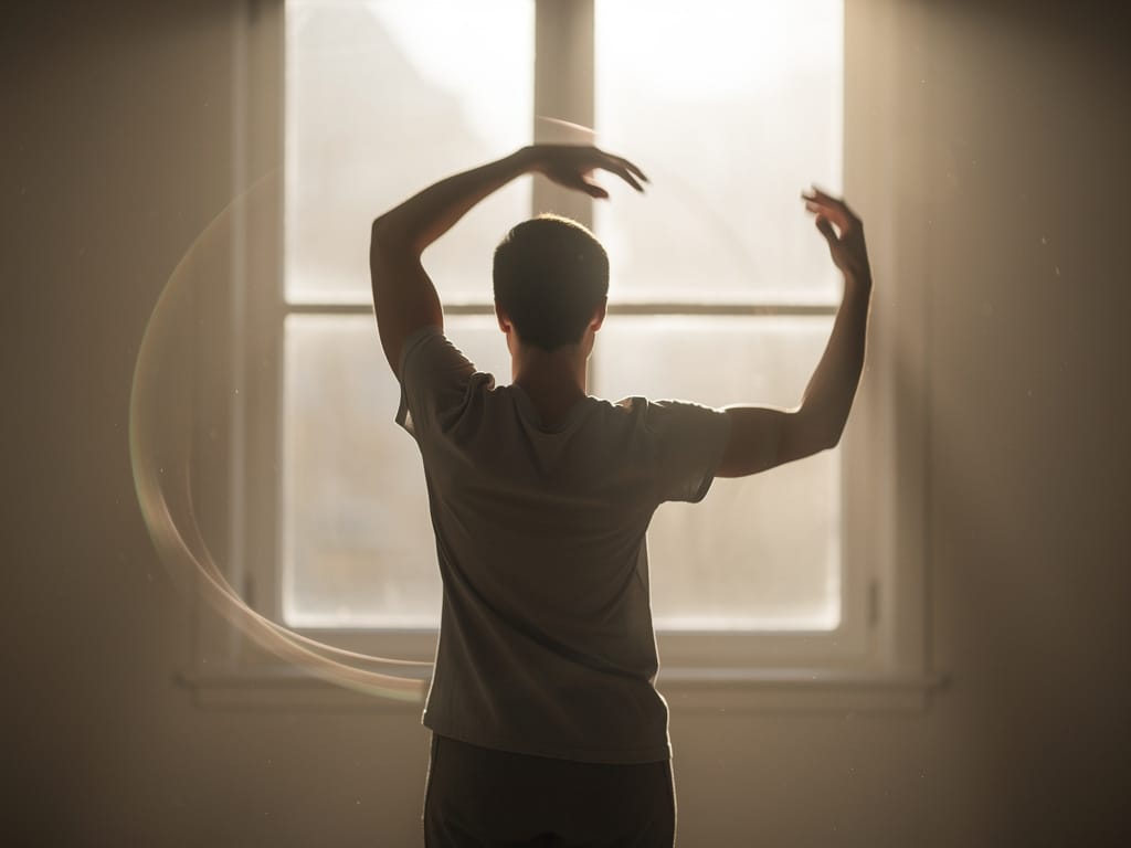 Person doing gentle dynamic arm movements in the morning sun