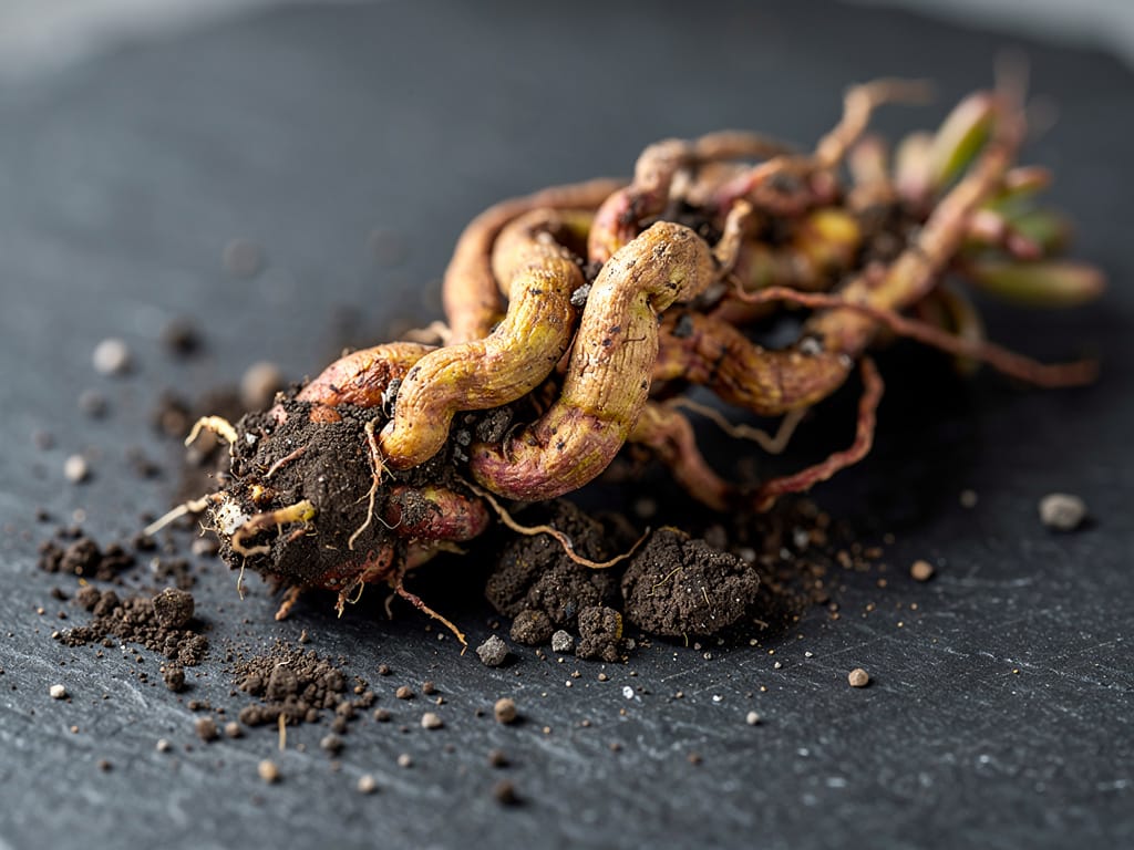 Raw Rhodiola rosea root on a dark slate background