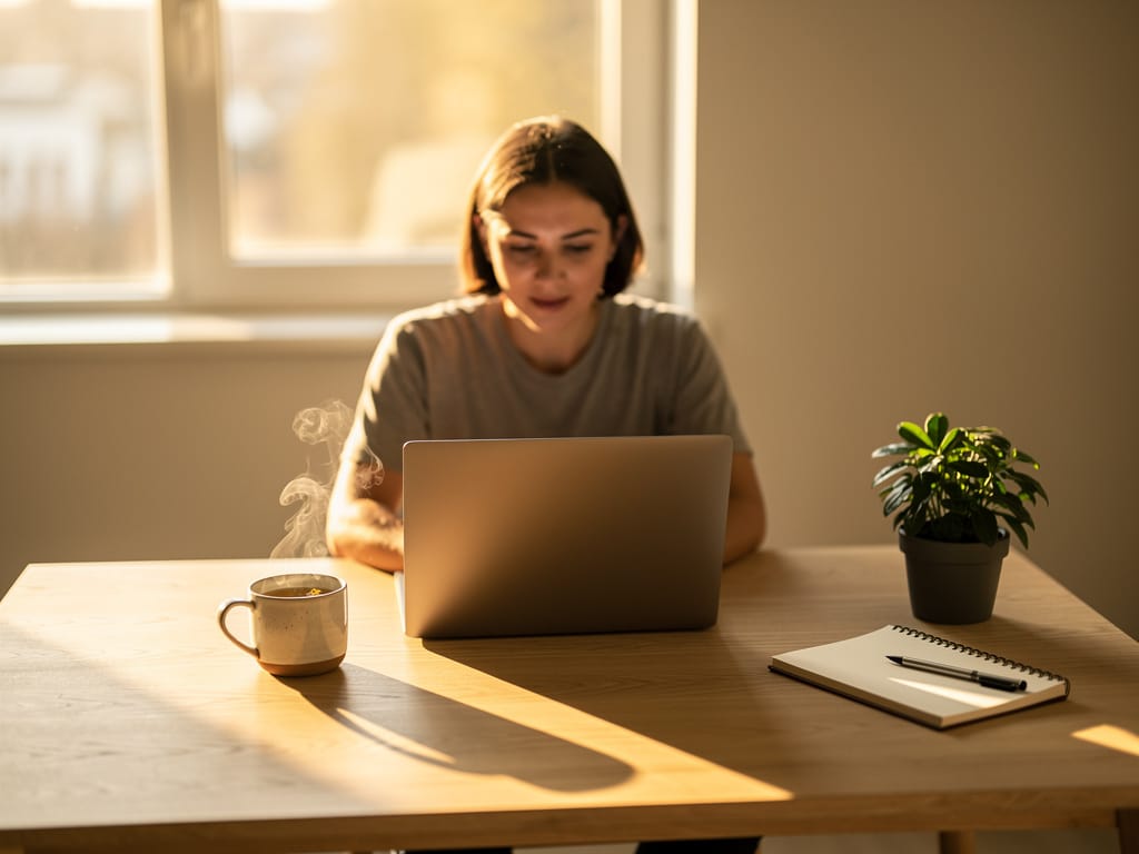 A person working calmly at a sunlit desk with tea
