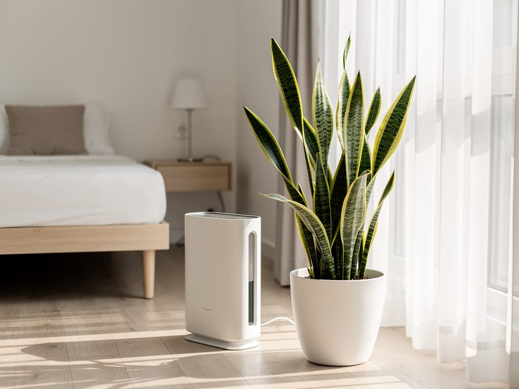 A healthy bedroom environment featuring an air purifier and a snake plant