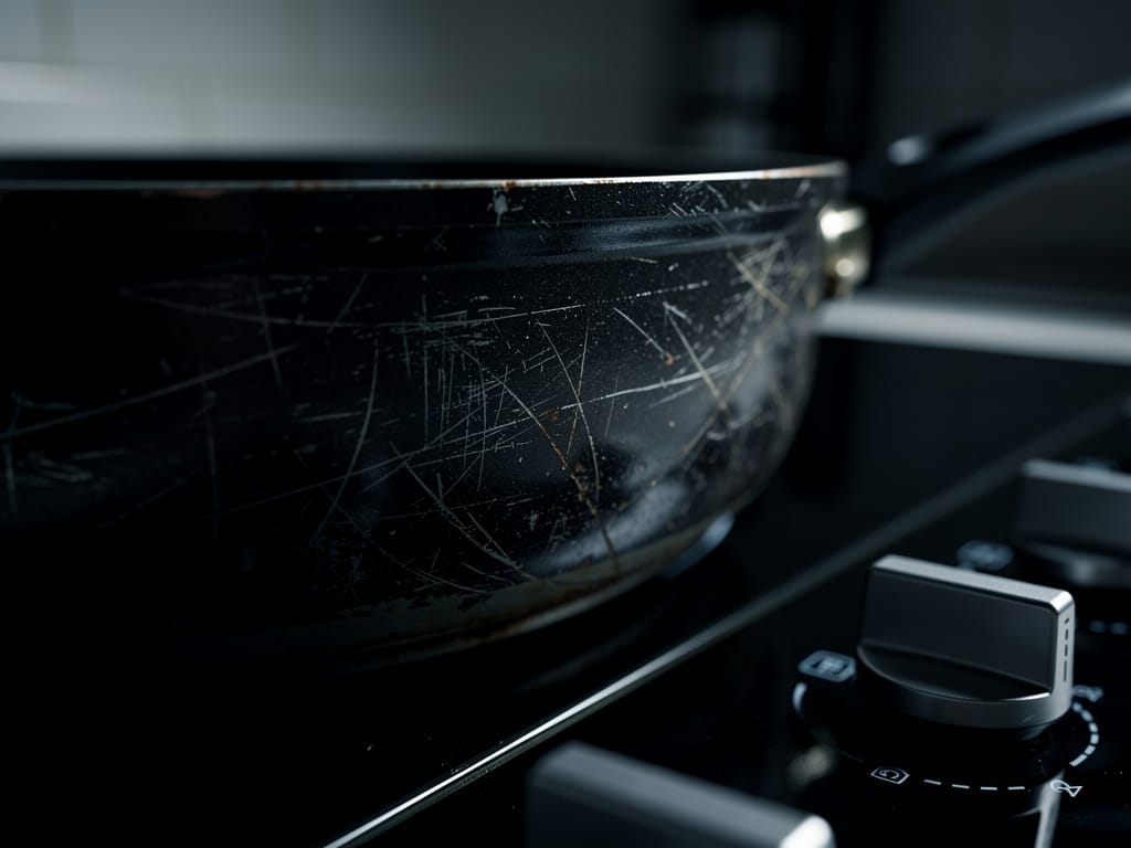 A scratched non-stick Teflon pan on a stove