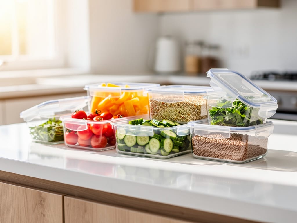 Clear glass containers filled with fresh food on a kitchen counter