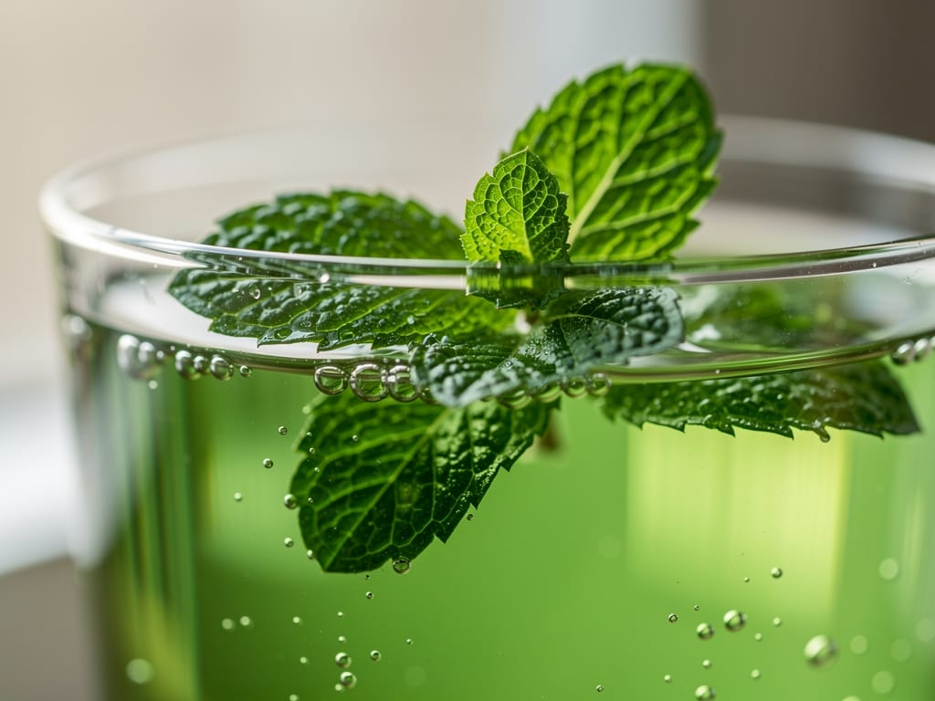 Glass of green liquid chlorophyll water with mint leaves