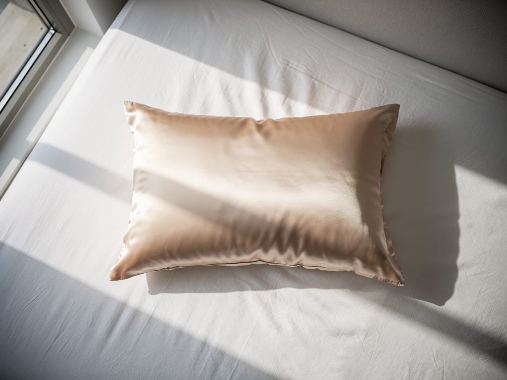Silk pillowcase on a minimalist bed in natural morning light