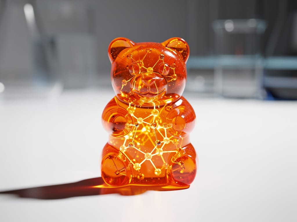 A single collagen gummy bear with a glowing molecular structure inside