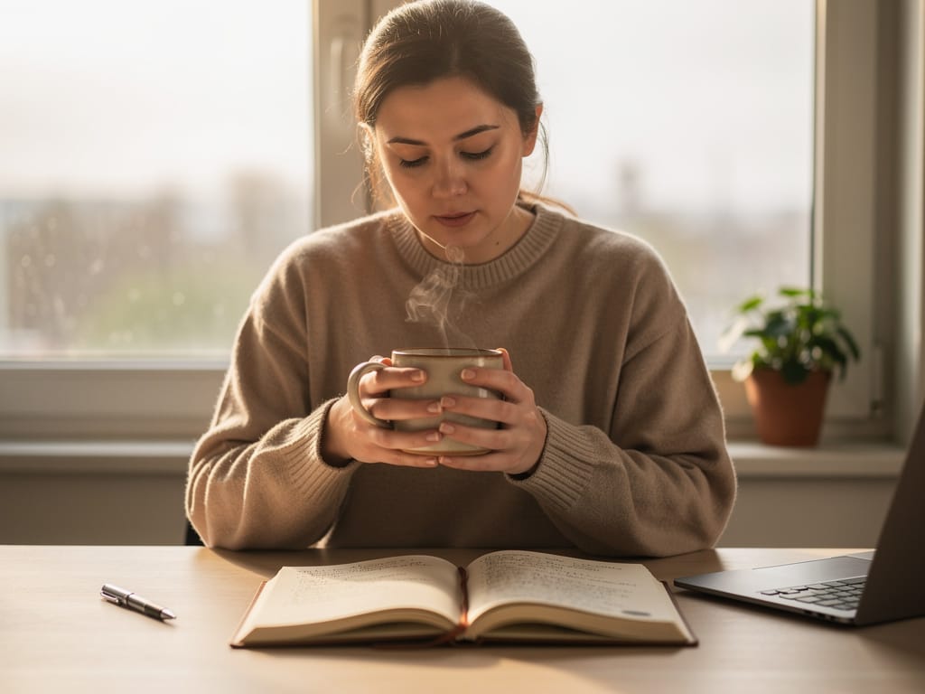 A person enjoying a quiet, focused morning with a journal and a warm drink.