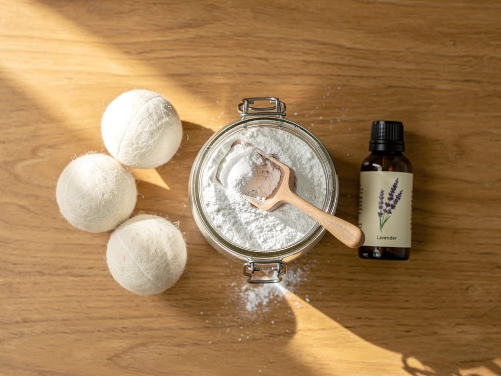 Natural, non-toxic laundry supplies like powder detergent and wool dryer balls