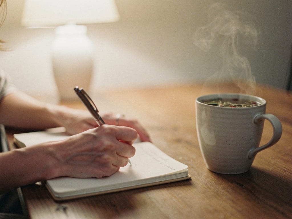 Woman writing in a journal during her evening routine