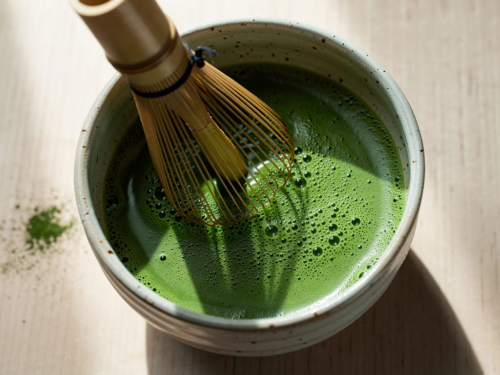 A bamboo whisk mixing vibrant green matcha tea in a ceramic bowl