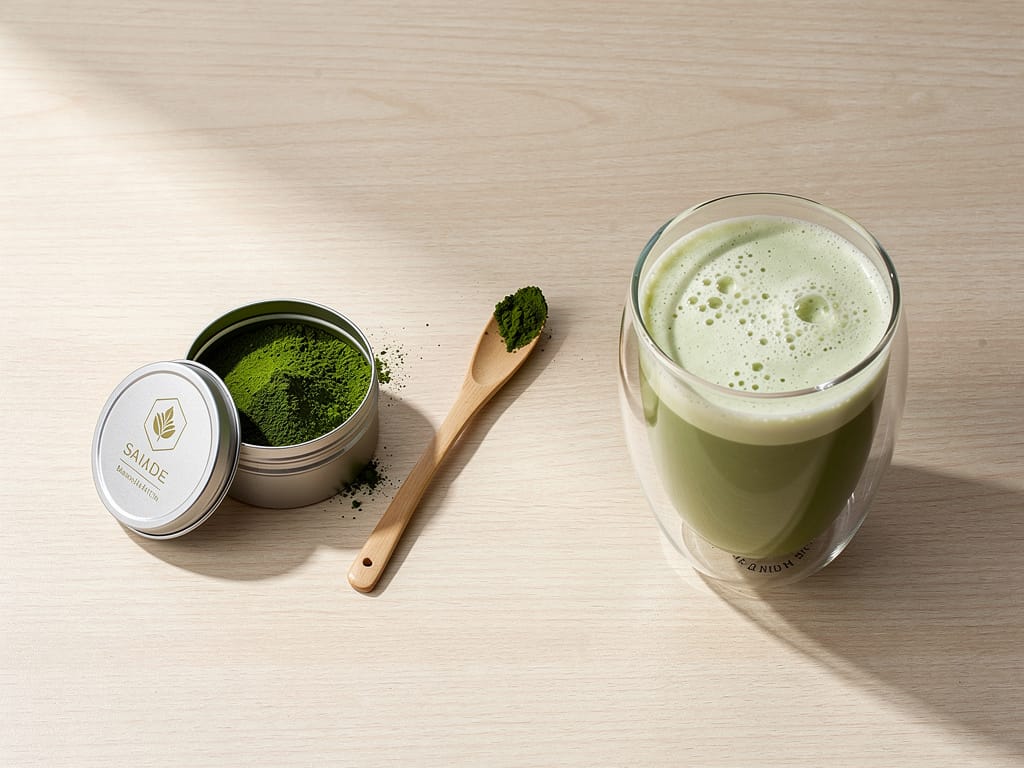 A tin of matcha powder next to a prepared matcha latte