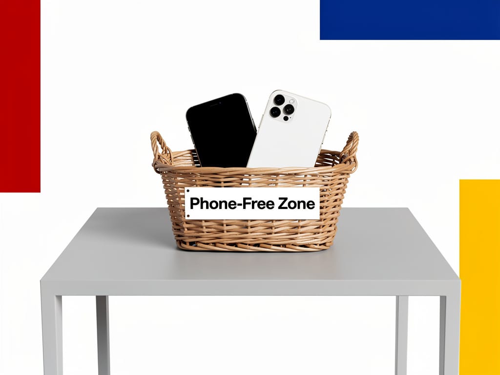 A designated basket for storing phones in a home's entryway.