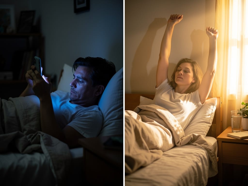 A before-and-after image showing a person switching from looking at their phone first thing in the morning to stretching in a sunlit room.