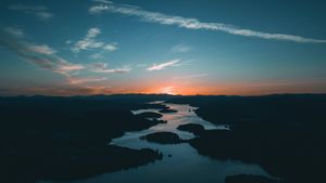 aerial photography of water beside forest during golden hour