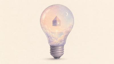 A surreal light bulb with a building inside it 