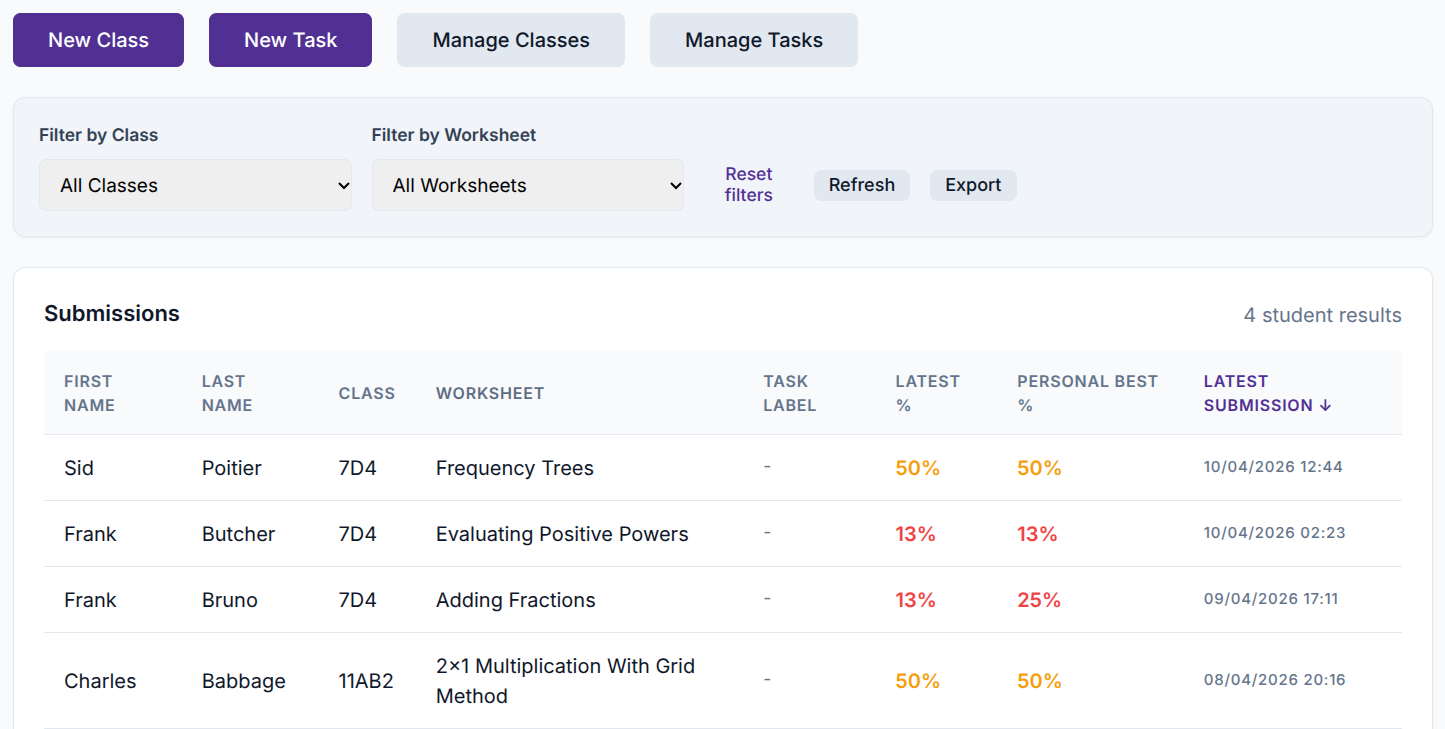 Screenshot of teacher portal