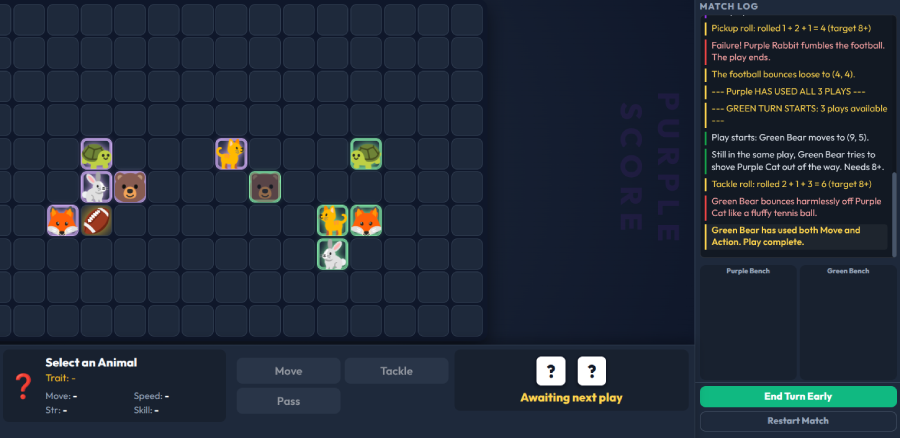 Screenshot of Furbowl dice-rolling probability game