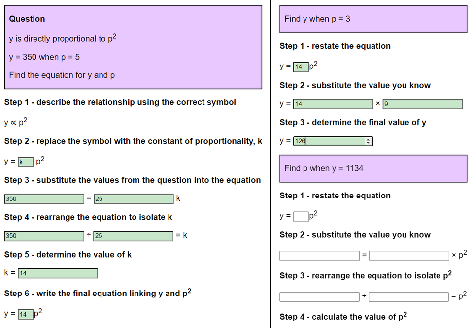 Direct proportion to suares worksheet