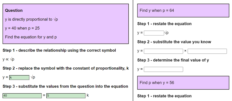 Scaffolded worksheet on direct proportion